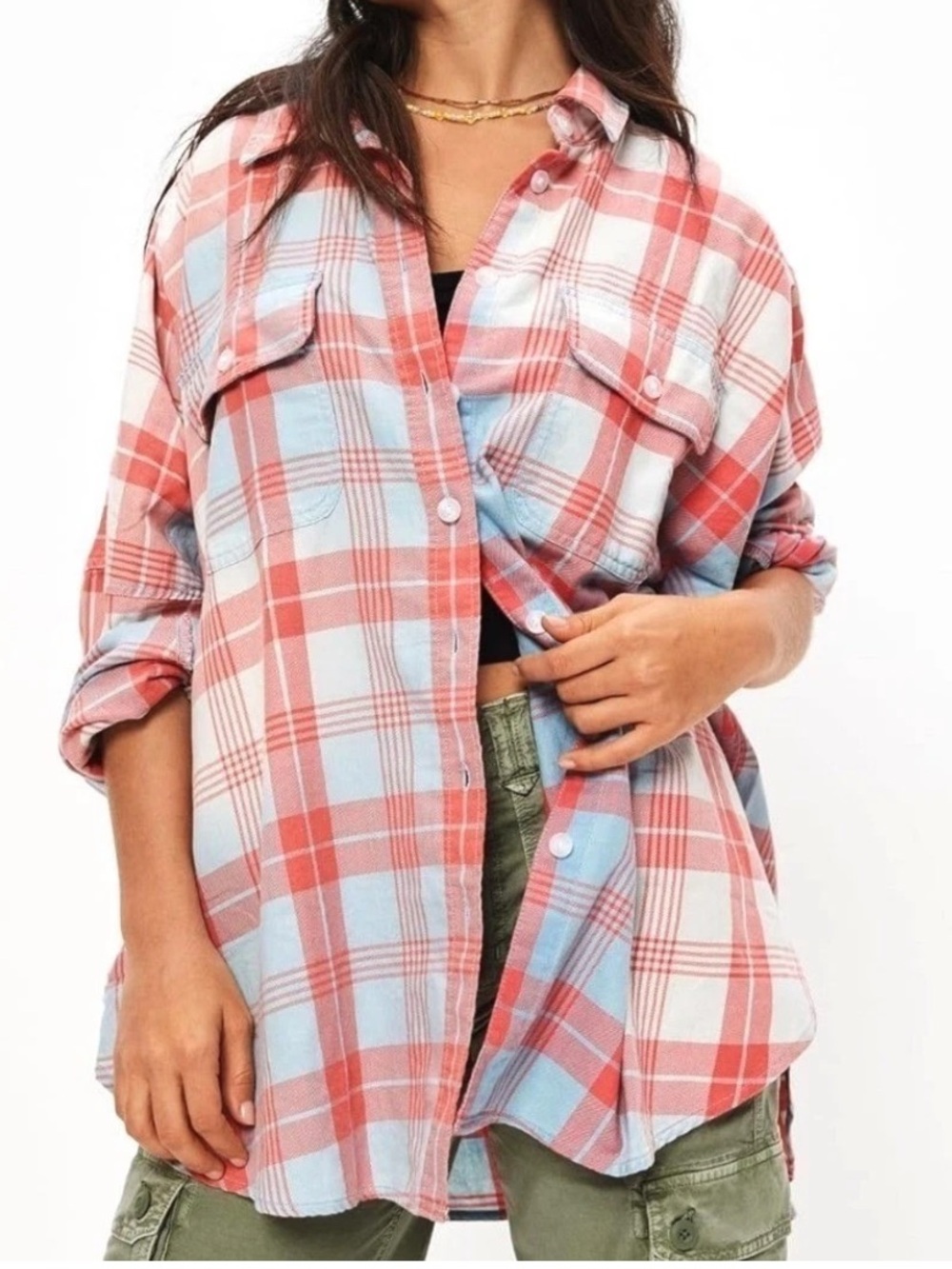 Plaid Button-Up Oversized Jacket - Coral & Light Blue! American eagle! S